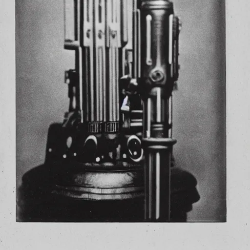 Image similar to Tintype photograph of a lightsaber and Star Wars blaster displayed in an ethnographic museum, archive material, anthropology, 1920s studio lighting.