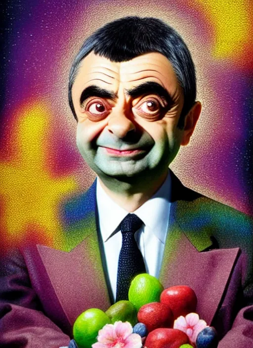 Image similar to hyper detailed 3d render like a Oil painting - kawaii portrait of Rowan Atkinson as Mr. Bean in Aurora seen Eating of the Strangling network of yellowcake aerochrome and milky Fruit and Her delicate Hands hold of gossamer polyp blossoms bring iridescent fungal flowers whose spores black the foolish stars by Jacek Yerka, Mariusz Lewandowski, Houdini algorithmic generative render, Abstract brush strokes, Masterpiece, Edward Hopper and James Gilleard, Zdzislaw Beksinski, Nicoletta Ceccoli, Wolfgang Lettl, hints of Yayoi Kasuma, octane render, 8k