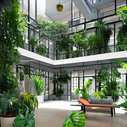 Image similar to The atrium of a refurbished contemporary building filled with tropical plants, 4k, octane render, vray render, 3ds max, concept art