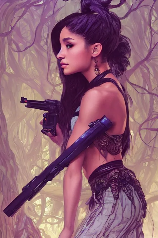 Image similar to demonic cottagecore Ariana Grande holding a shotgun, demonic Hair, magical forest, intricate, elegant, highly detailed, digital painting, artstation, concept art, smooth, sharp, focus, illustration, art by artgerm and greg rutkowski and alphonse mucha