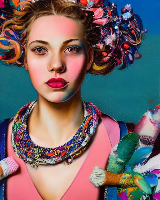 Prompt: a close up of beautiful cheerleader girl with pink lipstick wearing a multicoloured necklace surrounded by colourful intricate patterns, by caravaggio and michael whelan, intricate painting, hyper realistic, extremely detailed and beautiful aesthetic face, 8 k resolution