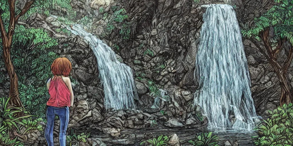 Prompt: girl looking at a waterfall, superwide angle, intricate, highly detailed, illustration, art by Leon Bosko