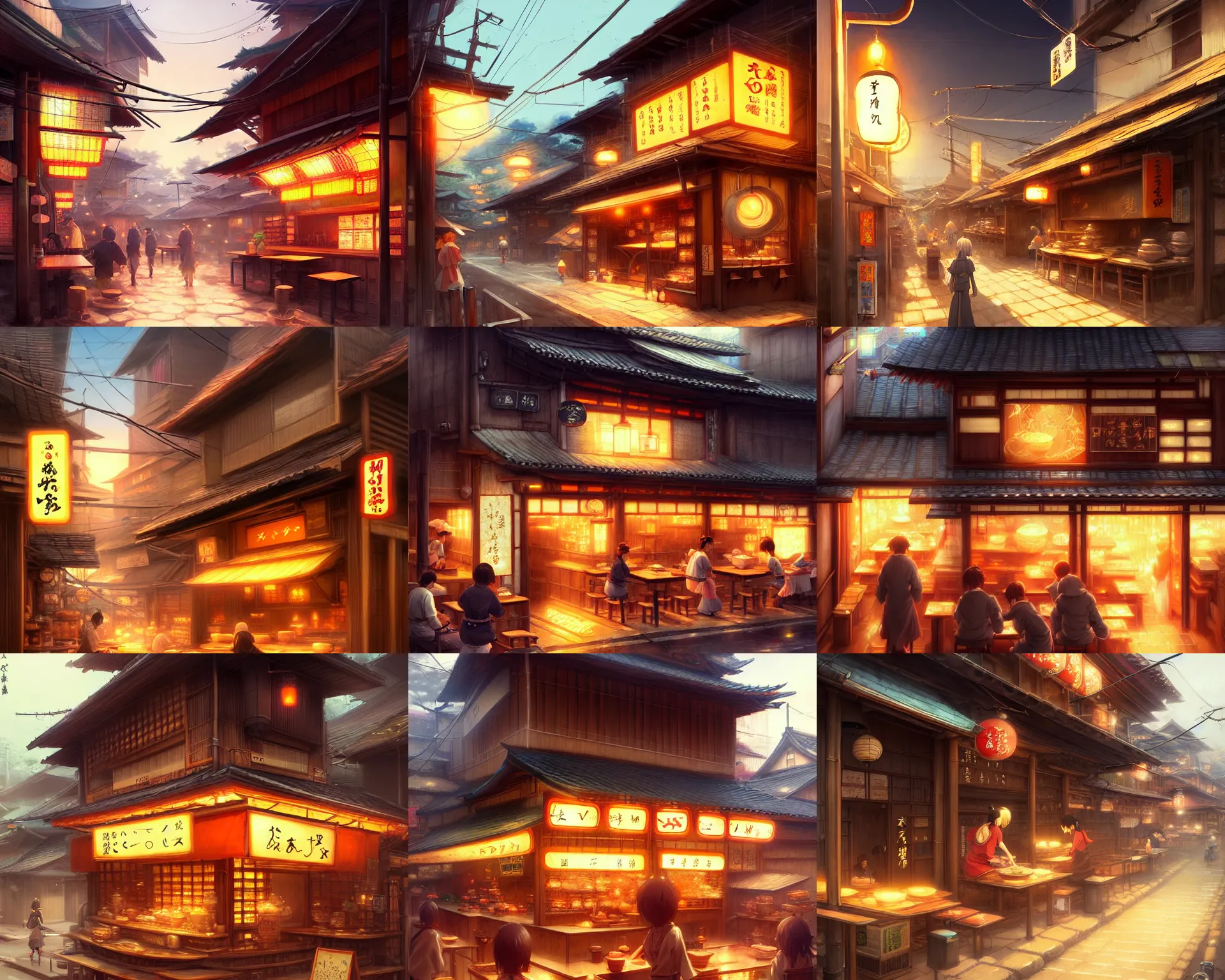 Prompt: quaint little ramen shop in a great kitsune city, bamboo, anime, a fantasy digital painting by greg rutkowski and james gurney, trending on artstation, highly detailed