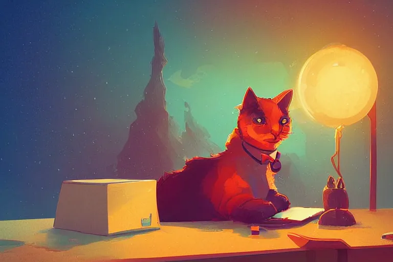 Prompt: a digital art of a godfather cat sitting by the desk, animal, light effect, highly detailed, by anton fadeev