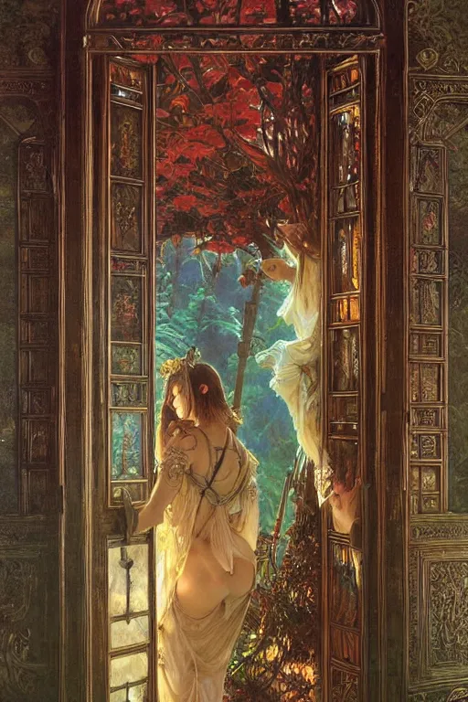 Prompt: large rustic intricately decorated wooden double door, metal handles, a view to a fantasy world, ethereal back light, mist, coherent composition, fantasy painting by noriyoshi ohrai, yuumei, alphonse mucha