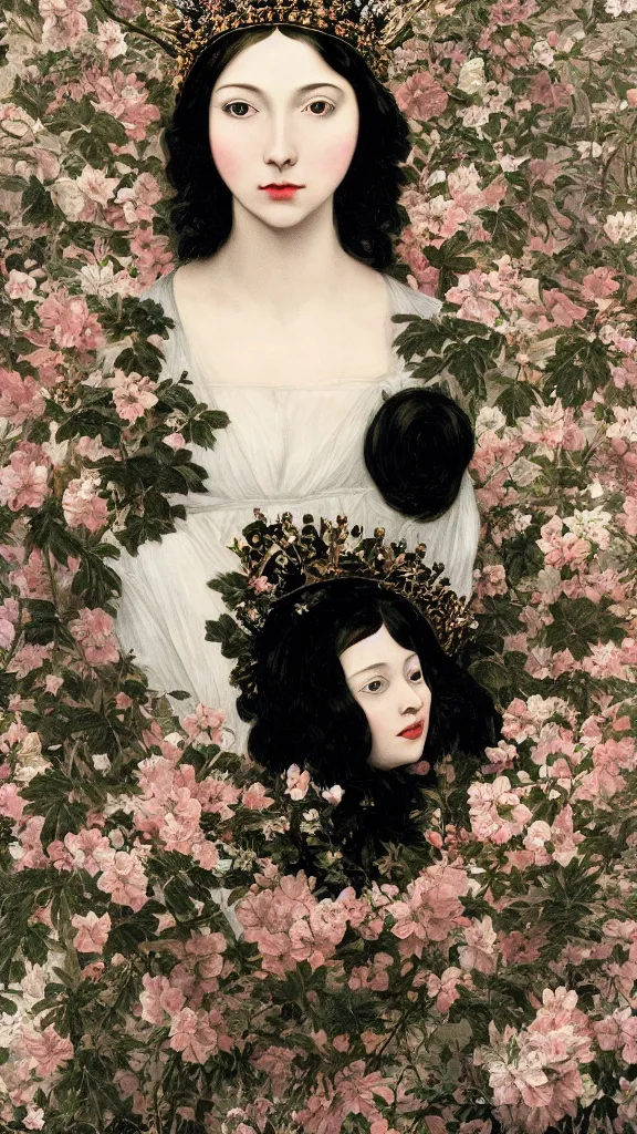 Image similar to a closeup portrait of a beautiful black haired woman with pale skin and a crown on her head sitted on an intricate metal throne, in an infinite landscape of flowers, photograph by caravaggio, canon eos c 3 0 0, ƒ 1. 8, 3 5 mm, 8 k, medium - format print