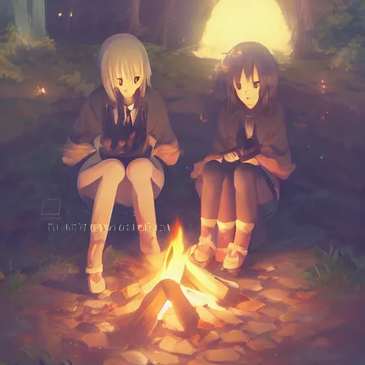 prompthunt: very beautiful cute girls sitting around campfire at night,  cinematic, fantastic detailed eyes, anime, trending on artstation, pixiv,  makoto shinkai, manga cover