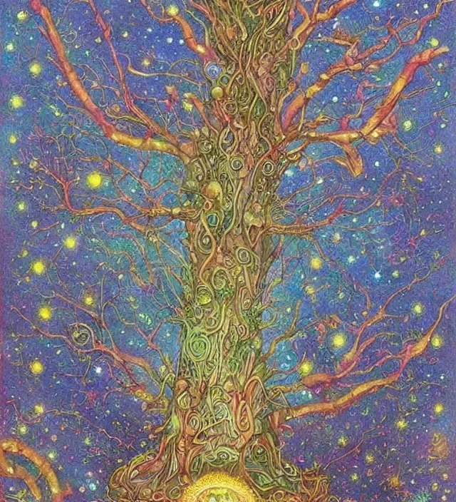 Image similar to the cosmic tree of life absorbs all galactical and masonic energy fields by daniel merriam, deep and rich colours,