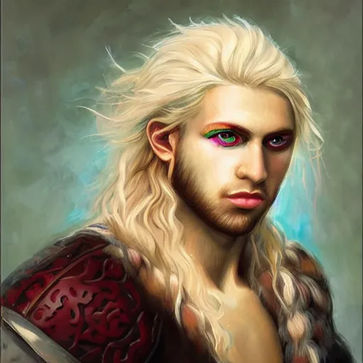 Prompt: oil painting of a beautiful platinum blond curly haired cleanshaven barbarian male with heterochromia one blue eye one green eye d & d fantasy concept art