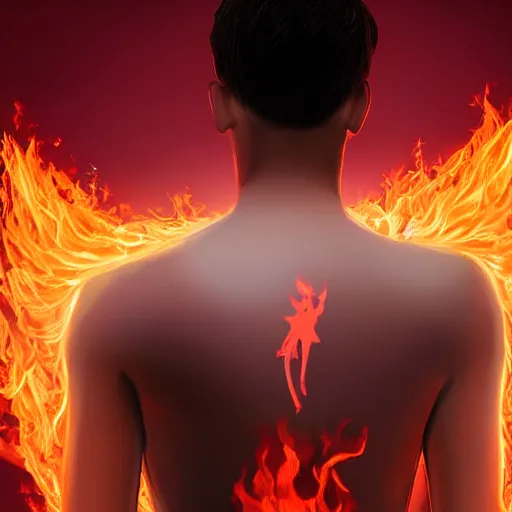 Image similar to beautiful young man from behind with flames coming out of hands flying at the end of the world, very detailed, realistic, symmetrical face, art by digital painting