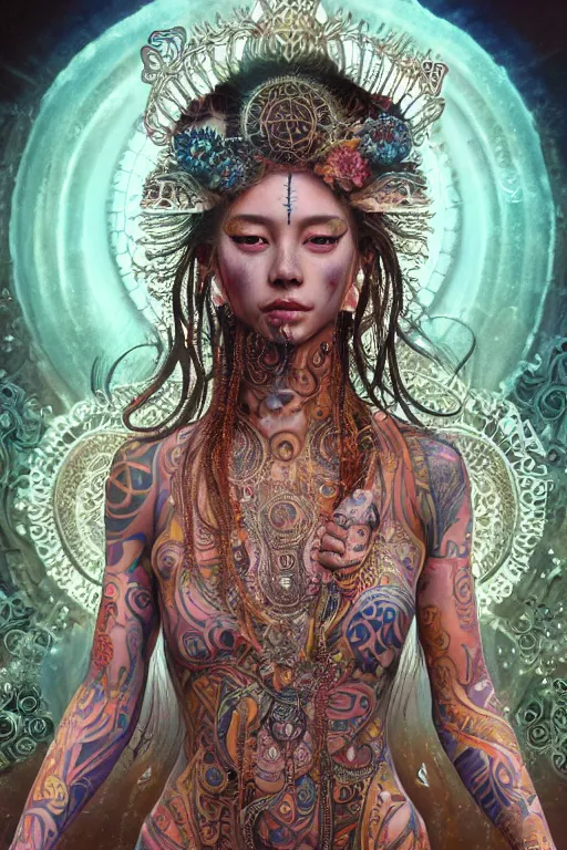 Image similar to a centered render of an mytical festival hippy with tribal tattoos wearing intricate metallic clothing surrounded by a underwater ink pour and flowing liquid gallium and sacred geometry, perfect body and face, gorgeous, cinematic, beautifully lit, by miho hirano, by karol bak, by donato giancola, 3 d, trending on artstation, octane render, 8 k
