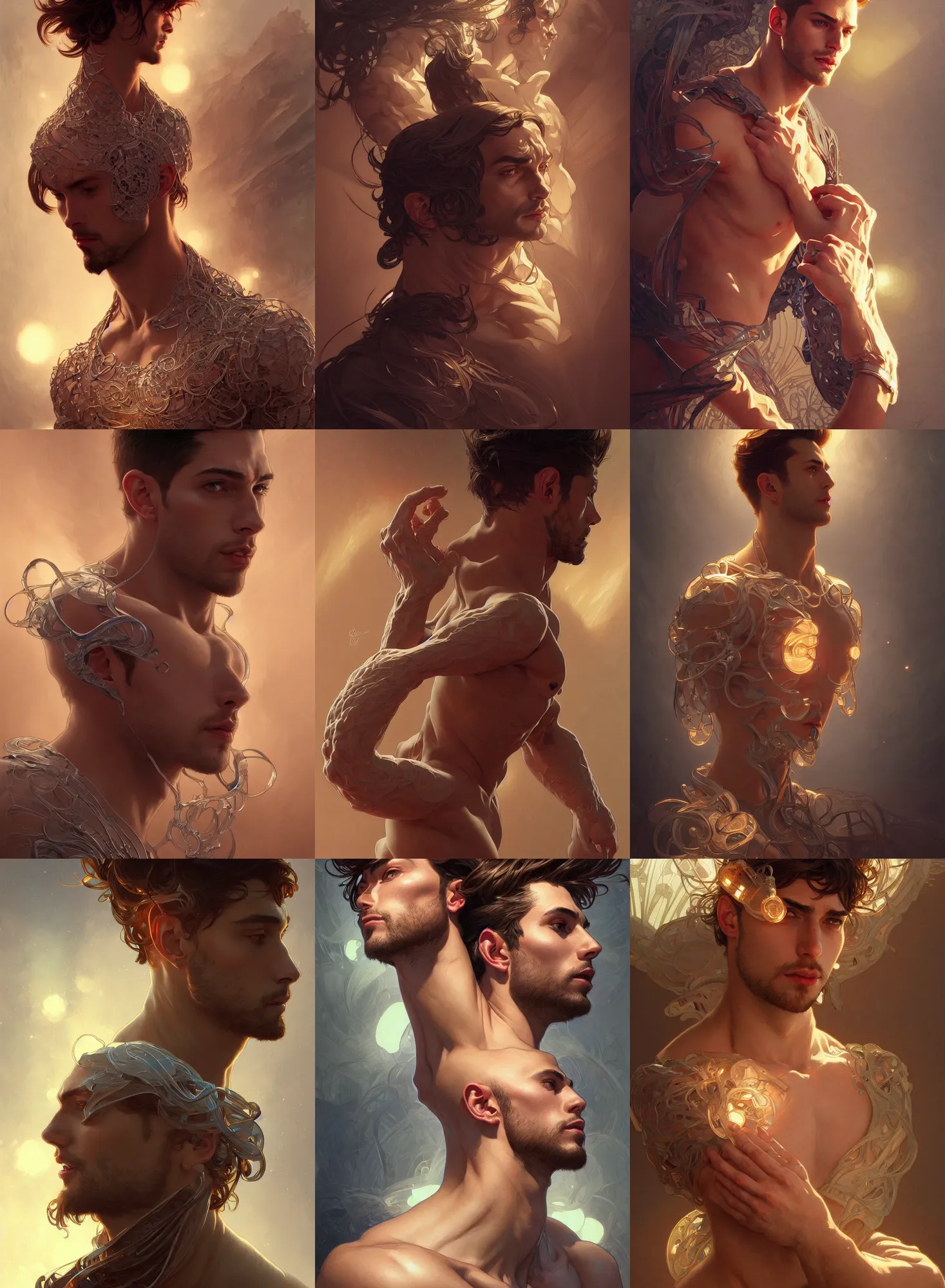 Image similar to clear portrait of a lonely attractive men, hyper detailed, character concept, full body, dynamic pose, glowing lights!! intricate, elegant, highly detailed, digital painting, artstation, concept art, smooth, sharp focus, illustration, art by artgerm and greg rutkowski and alphonse mucha