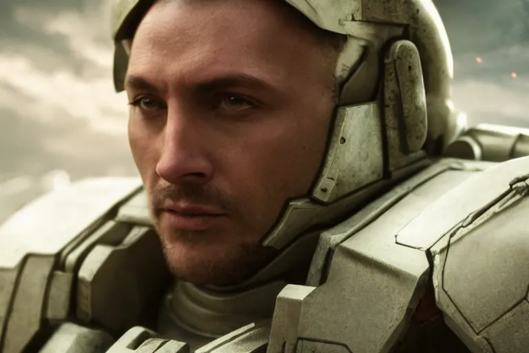 Image similar to VFX movie of a futuristic spacemarine closeup portrait in war zone, beautiful natural skin natural lighting by Emmanuel Lubezki