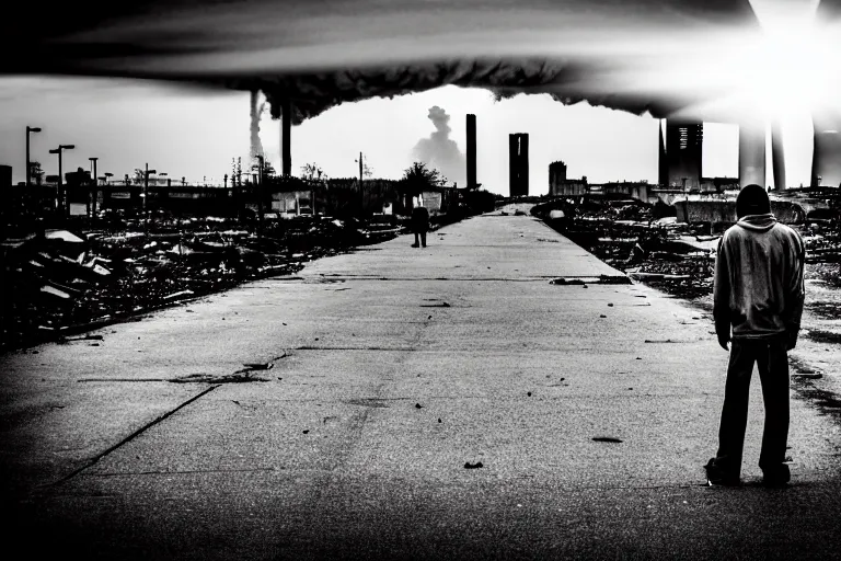 Prompt: god rays illuminating a homeless man in a destroyed modern city, nuclear explosion in background!!, wide angle, award winning, cloudy sky, sharp focus, black and white, skyscraper, nuclear fallout
