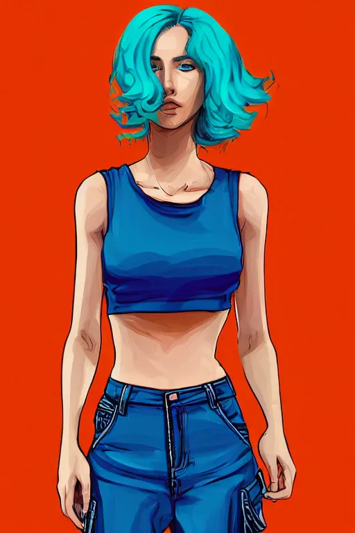 Image similar to a award winning half body portrait of a beautiful caucasian woman in a croptop and cargo pants with ombre orange blue teal hairstyle with head in motion and hair flying by will eisner, outrun, vaporware, digital art, trending on artstation, highly detailed, fine detail, intricate