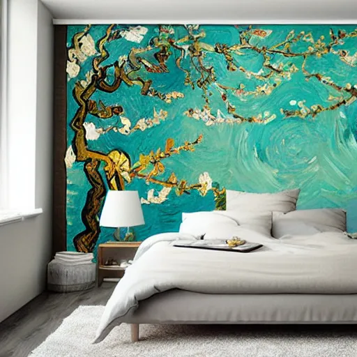 Image similar to a cozy bedroom interior with wall murals painted by van gogh, detailed, high resolution, wow!, intricate