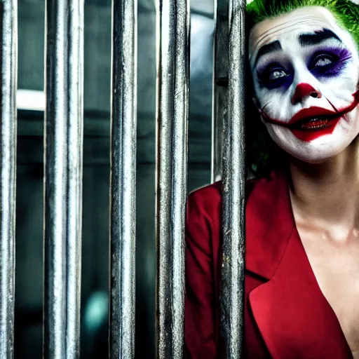 Prompt: amber heard as the joker, crying alone inside a prison cell behind bars, ultra realistic, canon 3 5 mm portrait photography, 8 k, movie still