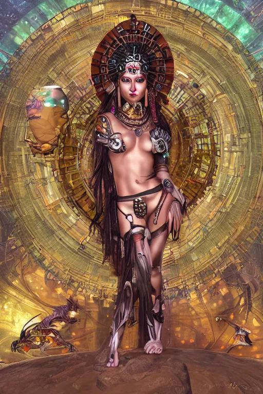 Image similar to cyberpunk aztec goddess in a zen rock garden, by Peter Kemp, by Artgerm, autumn, glamorous hairstyle, vermont fall colors, wearing translucent earthtone fashion, art nouveau by Brian Froud, berries, cosmic, gnostic, sacred geometry, glowing cybernetics, by Alphonse Mucha, highly detailed concept painting with cinematic lighting, trending on art station