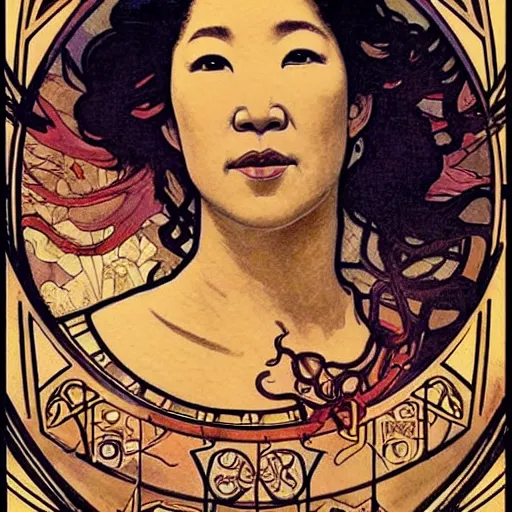 Prompt: sandra oh portrait by louis - theophile hingre and alphonse mucha, realistic, sharp focus, zodiac signs, tarot cards, planets, ethereal, art nouveau, magic, moon, sun, crown, dreamy, royal, jewellery