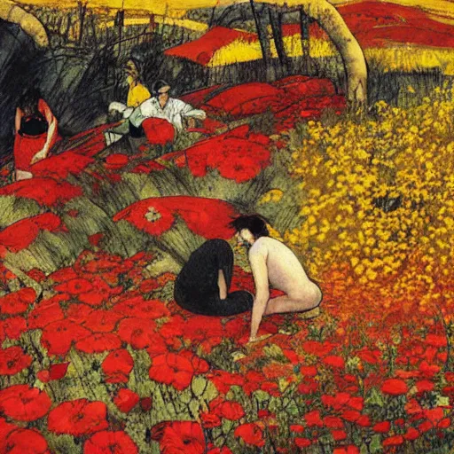 Image similar to 3 people in red desert drowning in a sea of yellow flowers, highly detailed, intricate, surreal, painting by Franz Marc, part by Yoji Shinkawa, part by Norman Rockwell