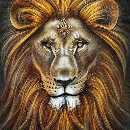 Image similar to detailed and sharp lion zodiac artwork, mystic style, detailed, 8 k, detailed, symmetrical, by brian froud