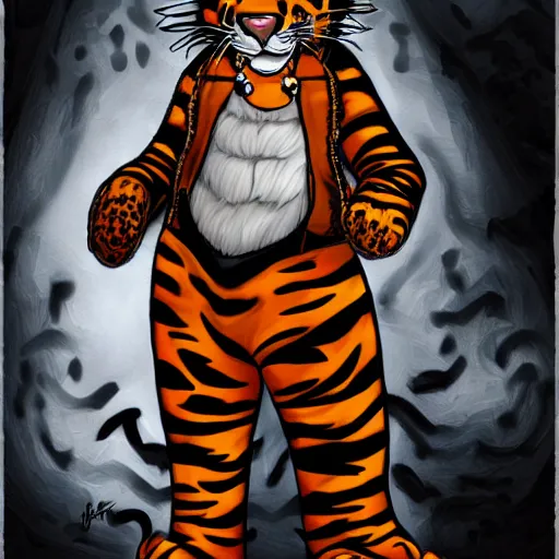 Image similar to A full-body portrait of Tony The Tiger dressed in gothic clothing and wearing eyeliner. Digital painting.