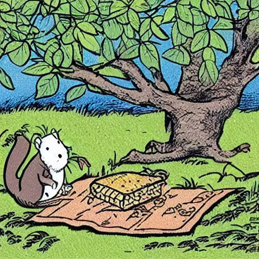 Image similar to “mole and water rat having a picnic under a tree on the river bank, coloured storybook illustration from wind in the willows, by herge (tintin)”