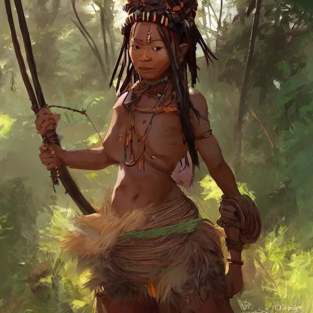 a female tribal warrior in the jungle, african. By, Stable Diffusion