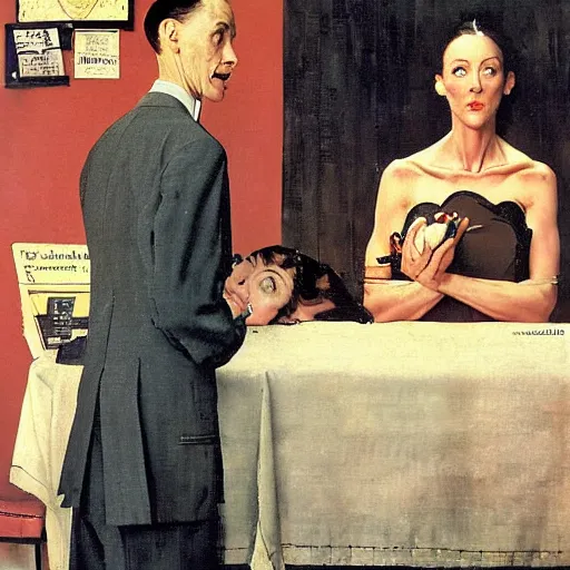 Image similar to a thin man understands by the way his wife is standing that she has issues, painted by norman rockwell and tom lovell and frank schoonover