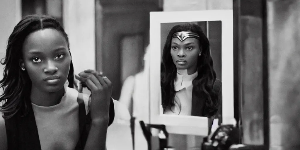 Prompt: ultra wide angle photo of jodie turner - smith dressed in a white blouse and black dress pants as diana prince looking at herself in a bathroom mirror and seeing her reflection as wonder woman