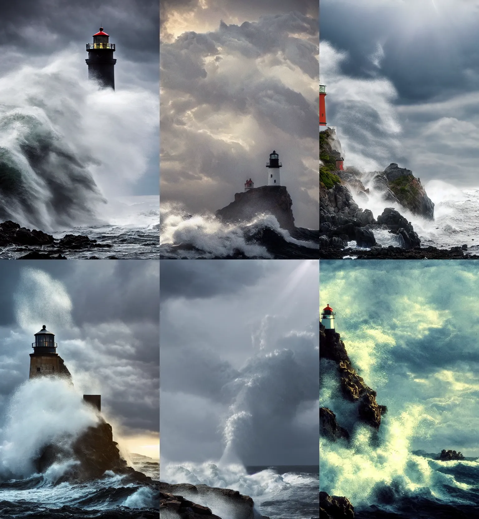 Prompt: huge waves crashing over a lighthouse on huge jagged rocks with huge, very huge waves, scenic full shot, stormy sky, god rays, mad john martin