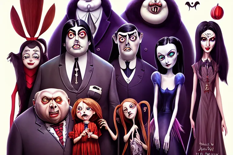 Image similar to the addams family, american mcgee's alice, sharp focus, artstation, trending, by julie dillon, luis melo, tyler miles lockett, lei jin, hong lei, ken wong, adam narozanski, joy ang