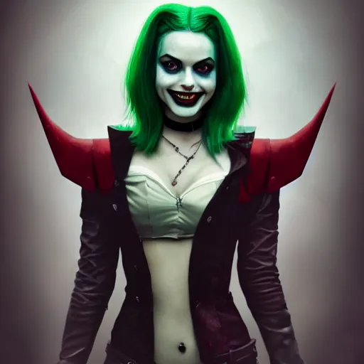 Image similar to vampire the Harley Quinn Margot Robbie, green hair, evil smile, realistic character concept, medium shot, fun pose, comic book, illustration, slender symmetrical face and body, artstation, cinematic lighting, hyperdetailed, cgsociety, 8k, high resolution, Charlie Bowater, Tom Bagshaw, single face, insanely detailed and intricate, beautiful, vfx, postprocessing