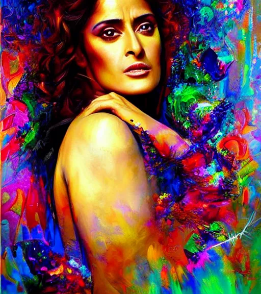 Image similar to beautiful painting of salma hayek by dariusz zawadski, contemporary, creepy, colorful acrylic, realistic portrait by archan nair