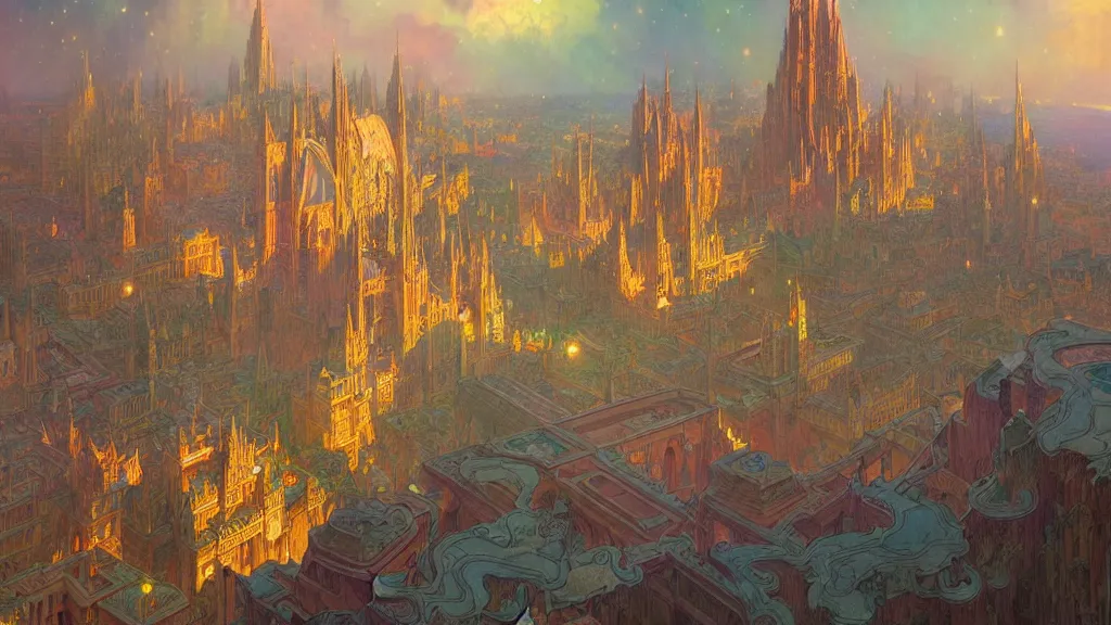 Image similar to a beautiful highly detailed matte painting of colorful castle nebulas by moebius, alphonse mucha, subject in view, highly detailed, intricate design, 8 k resolution, octane render, trending on artstation and cgsociety