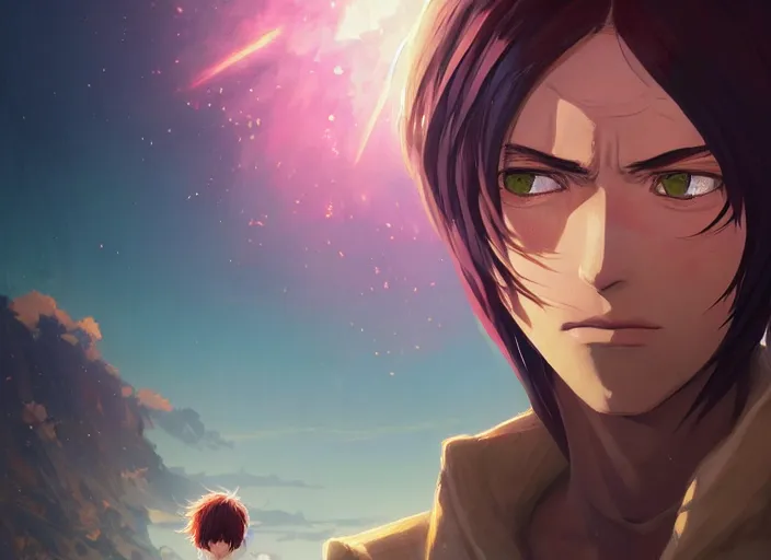 Image similar to highly detailed portrait of eren jaeger, in no game no life, stephen bliss, 8 k, unreal engine, fantasy art by greg rutkowski, loish, rhads, ferdinand knab, makoto shinkai and lois van baarle, ilya kuvshinov, rossdraws, tom bagshaw, global illumination, radiant light, detailed and intricate environment