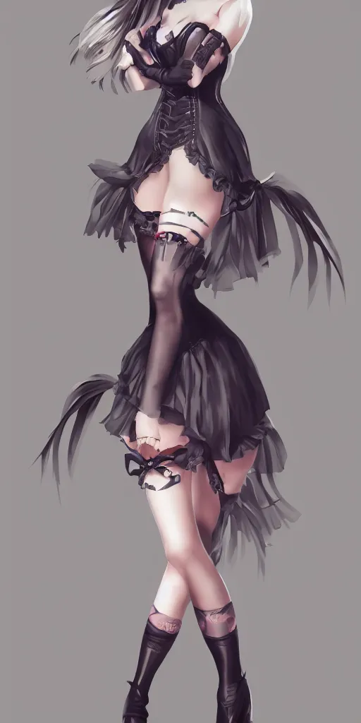 Image similar to photo of cute beautiful 18 year old girl in skirt, thigh highs and corset, full-length digital art, character design, trending on artstation,