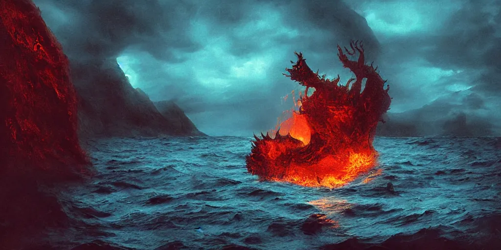 Prompt: Beautifully hellish Seascape photography of monster from loch ness, by Carr Clifton, by Galen Rowell #film Kodak Ektar 8k resolution; Night on a fantasy world, concept art by Daniel Lieske, by Dan Witz 8K 3D 16K
