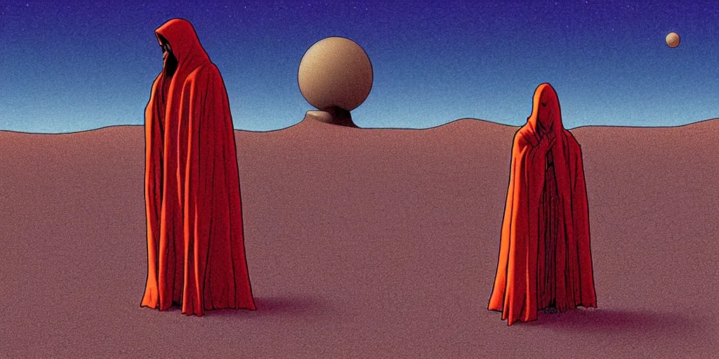 Prompt: android in cloak standing in dunes illustration by moebius