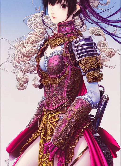 Prompt: highly detailed artgerm artstation minaba hideo fantastic fate katsuhiro otomo manga poster of dressed princess mechine, minaba hideo, long hair, armor, laces, ruffles, 8 k, fluorescent, maximalist, jump comics, art nouveau, takato yamamoto