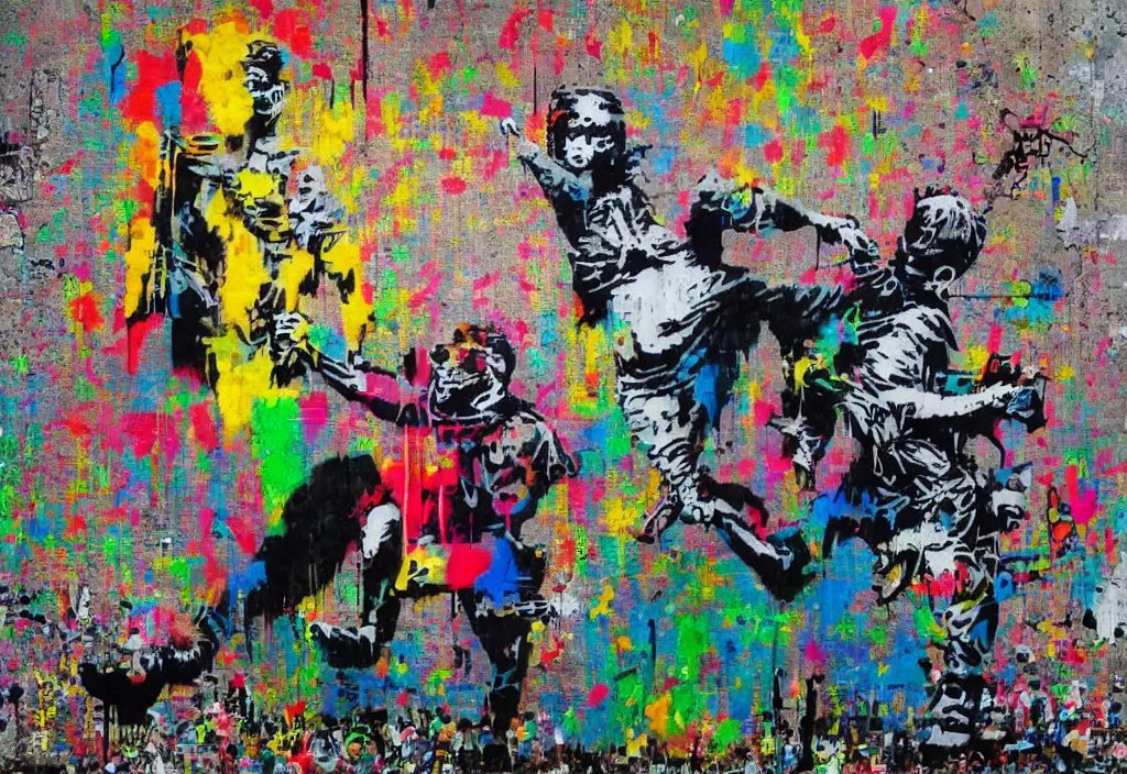 Image similar to full color banksy graffiti anti art, rage against the status quo, detailed, realistic, glitch art effect