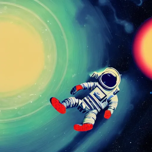 Image similar to A lonesome astronaut floating through space, with multiple colourful planets and stars in the background, and a deep blue sky, in the style of 60s scifi