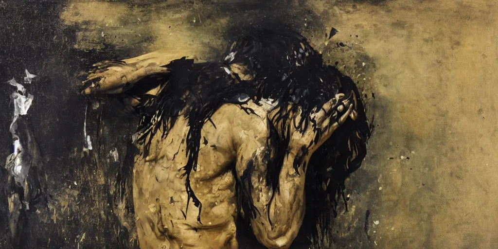 Prompt: man running and hiding his face in his hands, fast, medium shot, painted by Eugene Delacroix, Edward Hooper, 8k, Peter Doig, Antoni Tapies, oil paint, spot of black melting paint drips all over