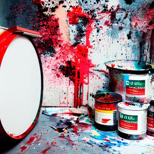 Image similar to a studio photography set, there is a red bucket of paint in the middle of the frame and it has exploded, there is paint EVERYWHERE