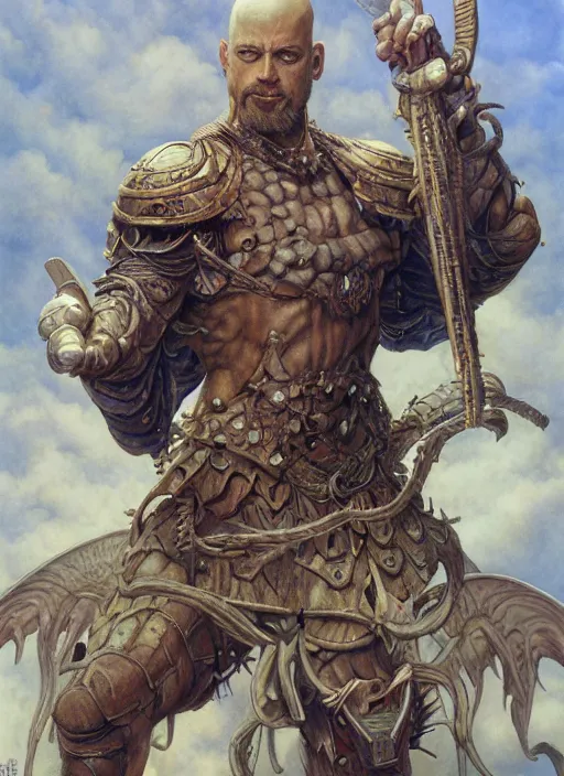 Prompt: a hyperrealistic and detailed paintbrush portrait of a bald male fantasy character, art by donato giancola and bayard wu and gustav moreau and wayne barlowe, rpg portrait, 8 0's fantasy movies, dungeons & dragons, fantasy art