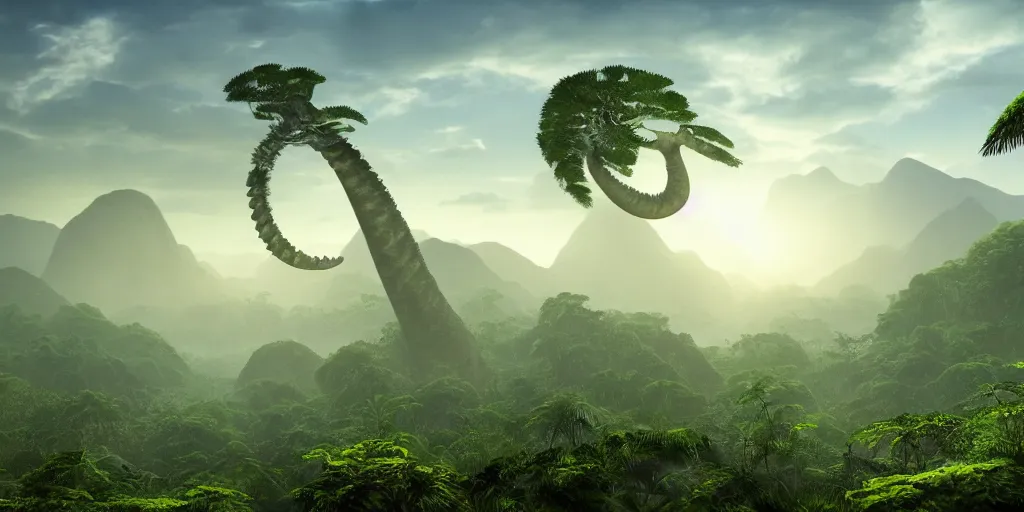 Image similar to a distant prehistoric fern jungle, a silhouette of a distant sauropod head in the background, mountains, clouds, volumetric lighting, hazy, washed out, an award winning digital render, beautiful, ultradetailed, hyperrealistic, great composition