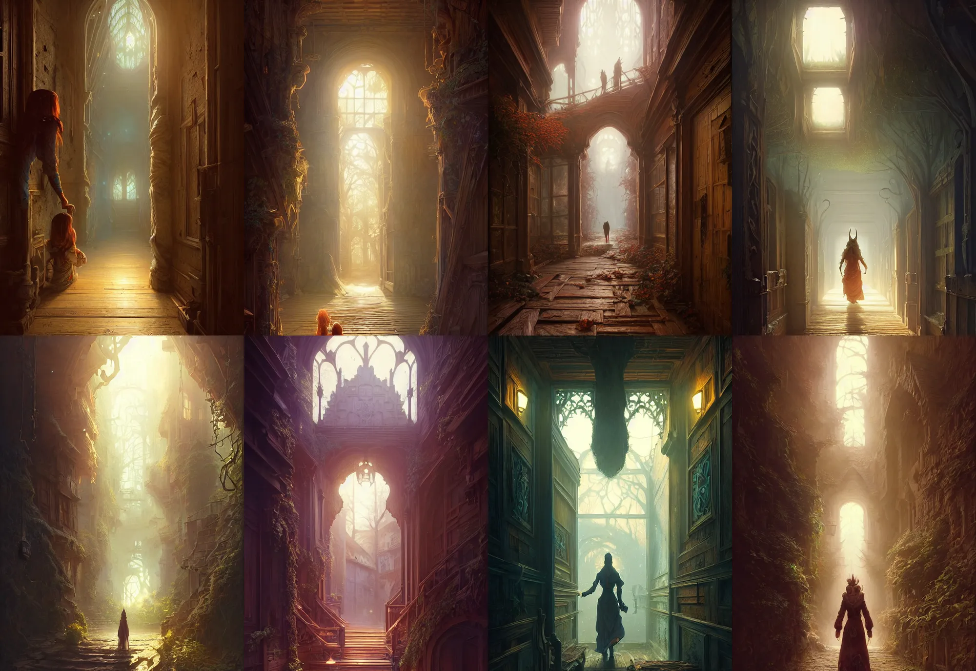 Prompt: highly detailed old wood corridor, stephen bliss, unreal engine, fantasy art by greg rutkowski, loish, rhads, ferdinand knab, makoto shinkai and lois van baarle, ilya kuvshinov, rossdraws, tom bagshaw, alphonse mucha, global illumination, radiant light, detailed and intricate environment