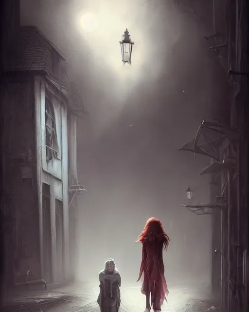 Prompt: A ultradetailed eerie beautiful matte painting of a dangerous redhaired woman walking in a dark alley at night by tom bagshaw concept art, front facing, trending on deviantart, illustration, film noire.