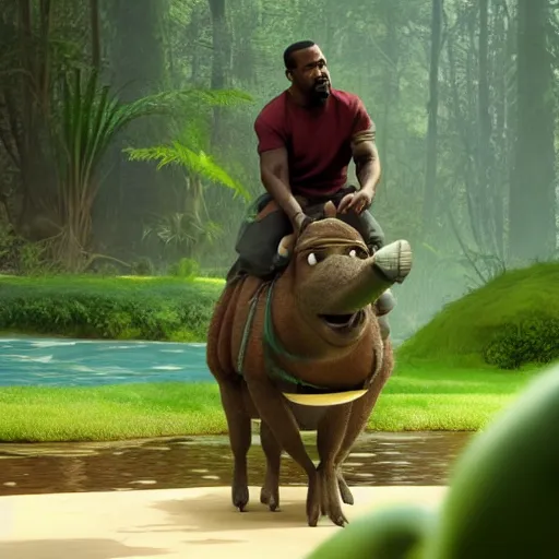 Image similar to Movie still of Kanye West riding an aligator in the movie Shrek, splash art, movie still, cinematic lighting, dramatic, octane render, long lens, shallow depth of field, bokeh, anamorphic lens flare, 8k, hyper detailed, 35mm film grain