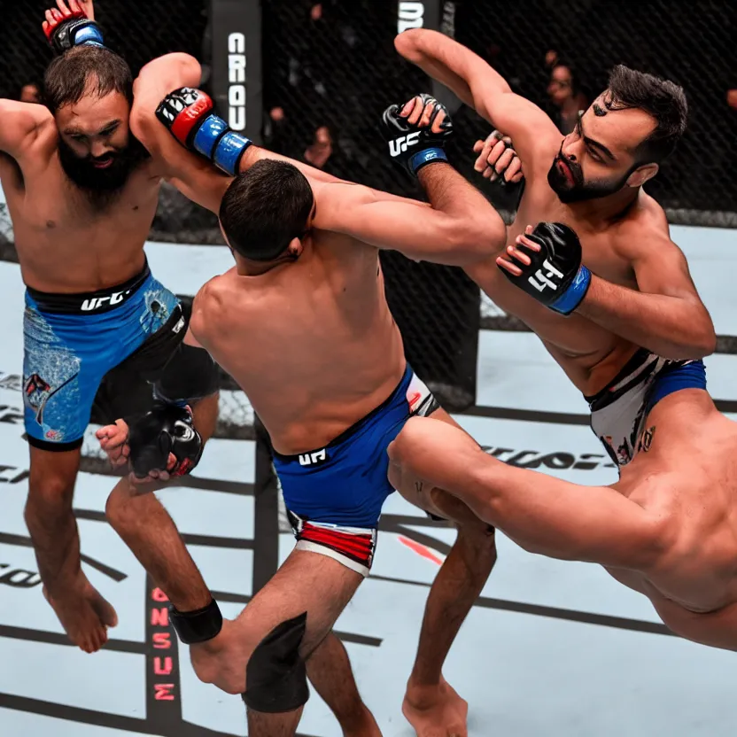 Prompt: ufc fight between rohit sharma & virat hohli in octagon, ultra realistic, highly detailed, zoomed out, canon 3 5 mm photography